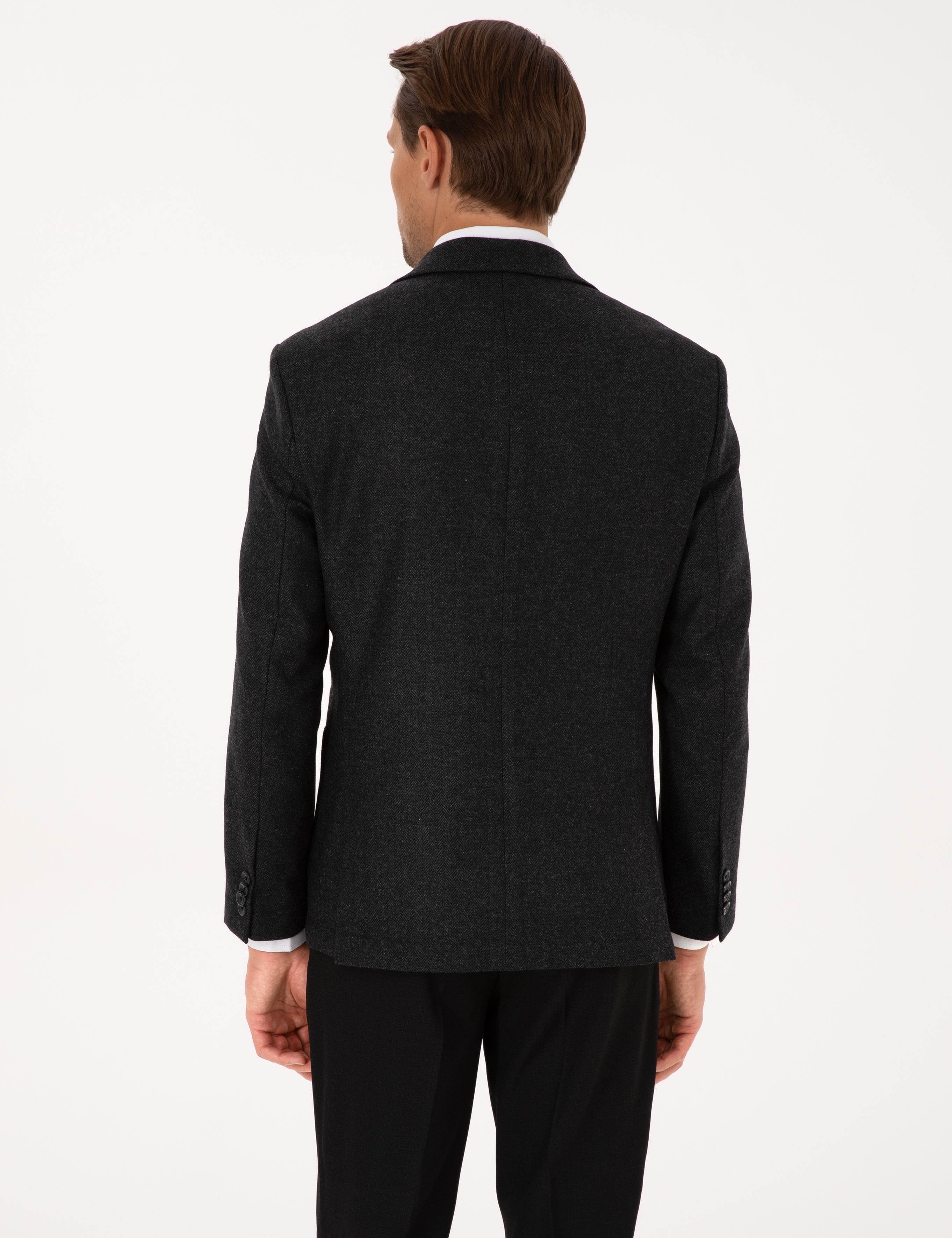 Antrasit Slim Fit Yün Karışımlı Balıksırtı Ceket