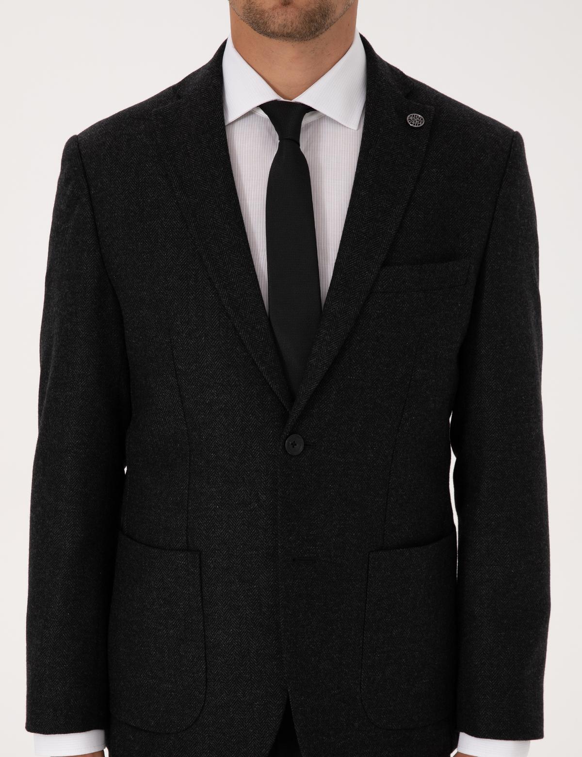 Antrasit Slim Fit Yün Karışımlı Balıksırtı Ceket - 50311215047