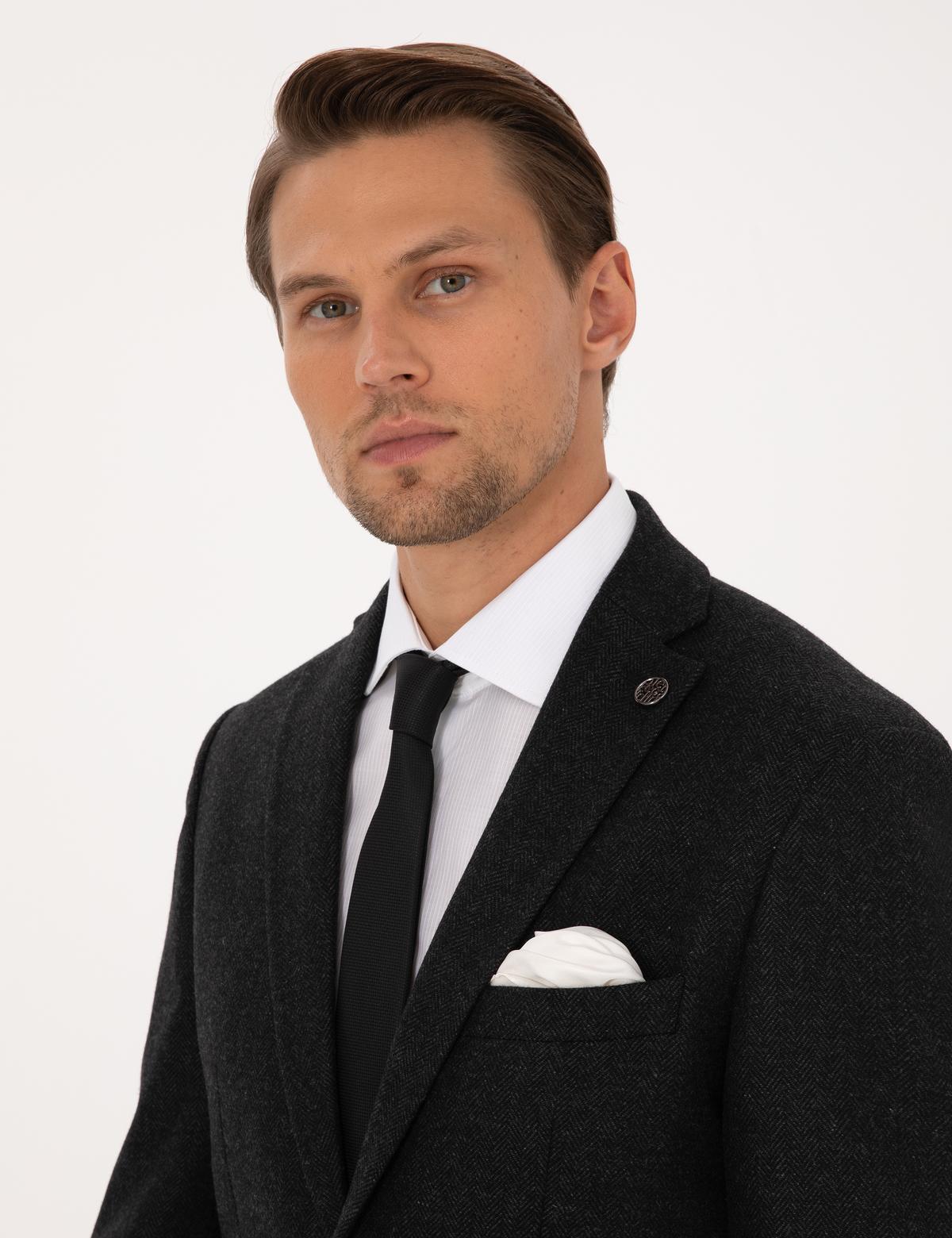 Antrasit Slim Fit Yün Karışımlı Balıksırtı Ceket - 50311215047