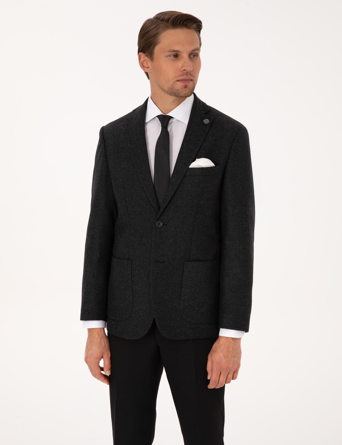 Antrasit Slim Fit Yün Karışımlı Balıksırtı Ceket - 50311215047