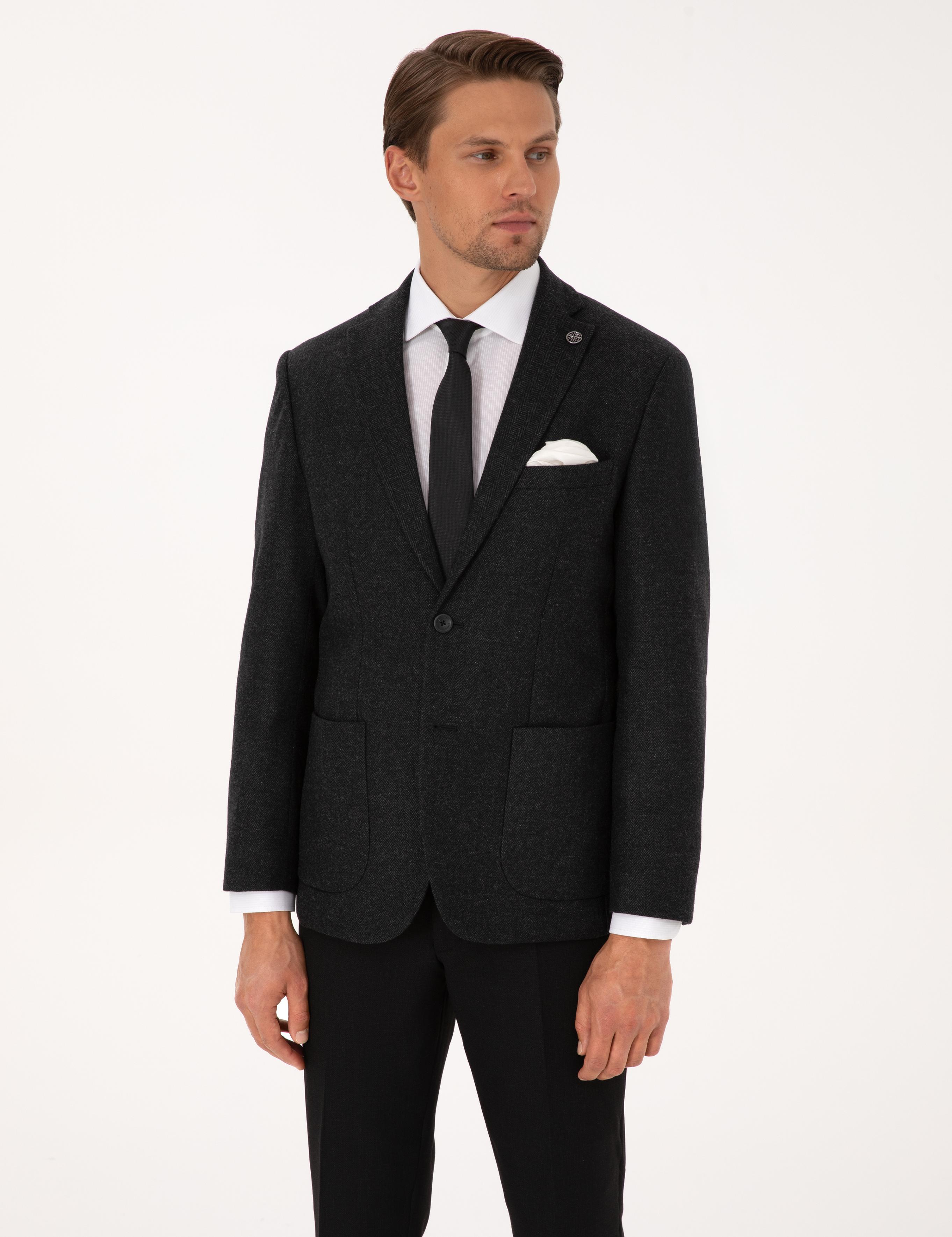 Antrasit Slim Fit Yün Karışımlı Balıksırtı Ceket