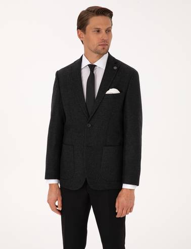 Antrasit Slim Fit Yün Karışımlı Balıksırtı Ceket