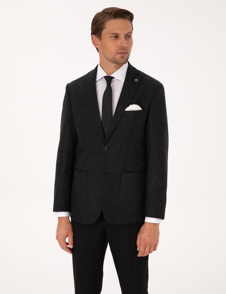 Antrasit Slim Fit Yün Karışımlı Balıksırtı Ceket - 50311215047