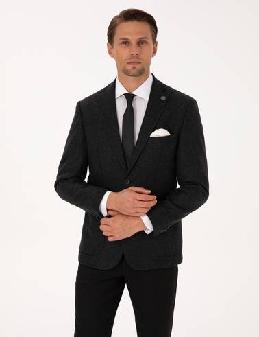 Antrasit Slim Fit Yün Karışımlı Balıksırtı Ceket