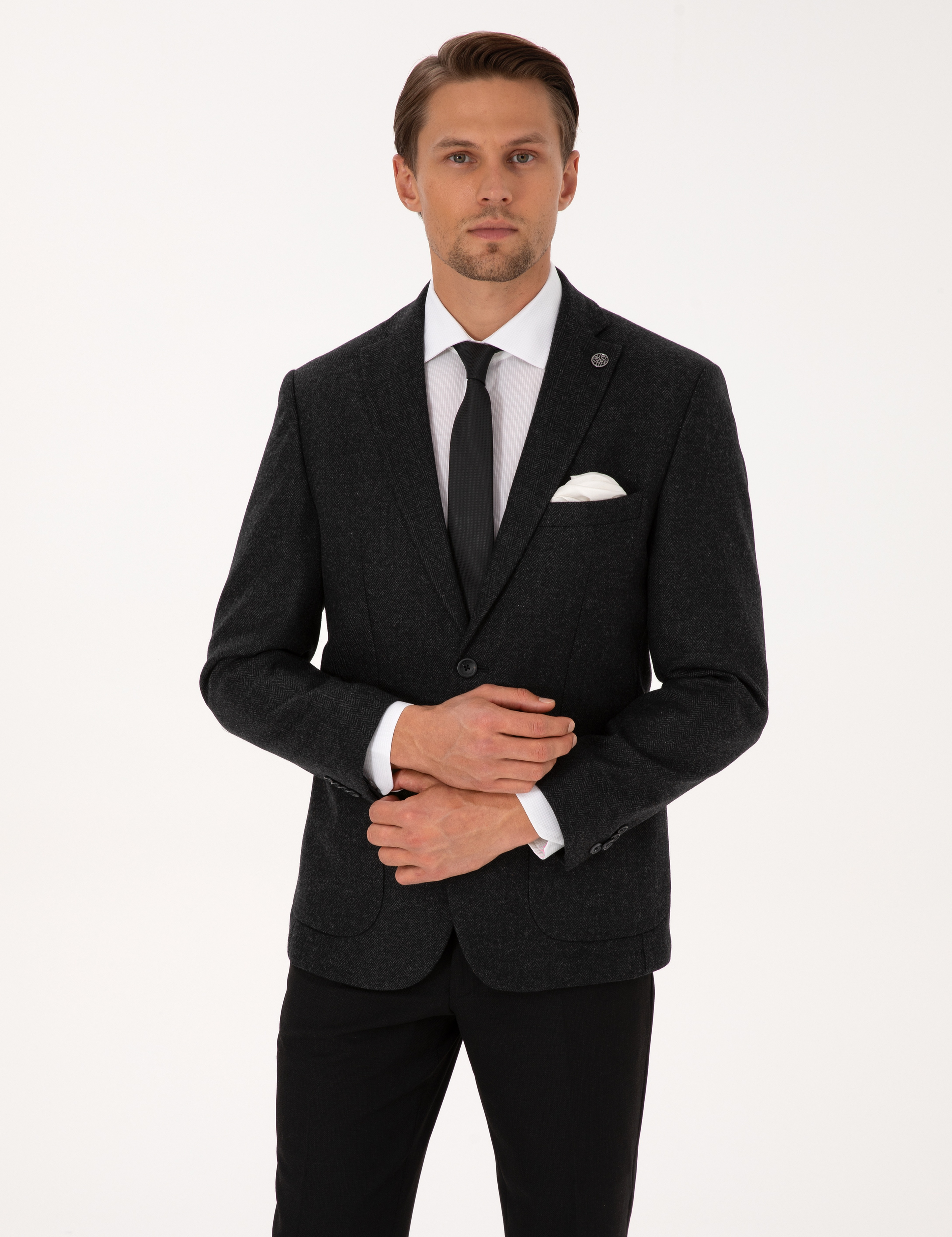 Antrasit Slim Fit Yün Karışımlı Balıksırtı Ceket - Image 1
