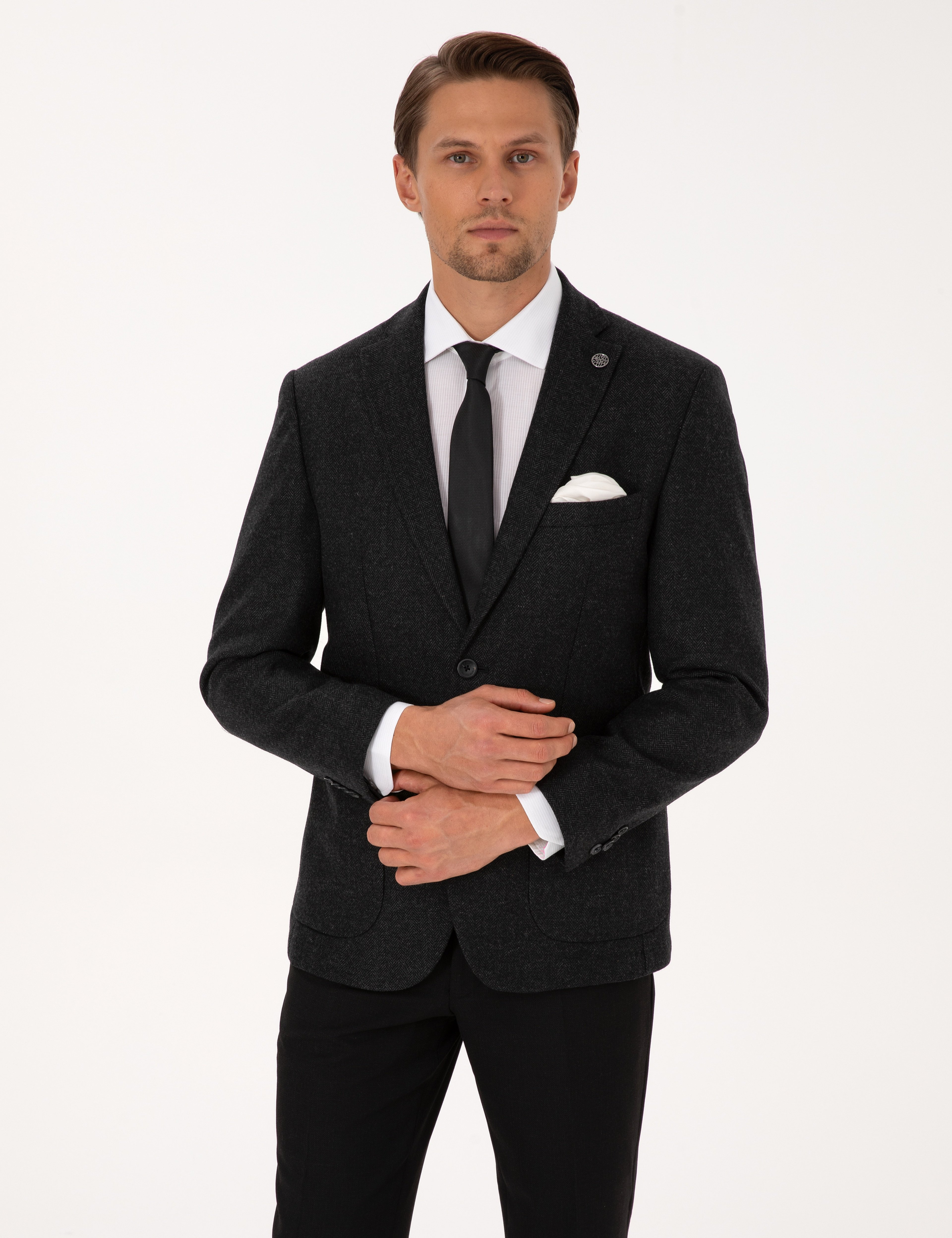Antrasit Slim Fit Yün Karışımlı Balıksırtı Ceket
