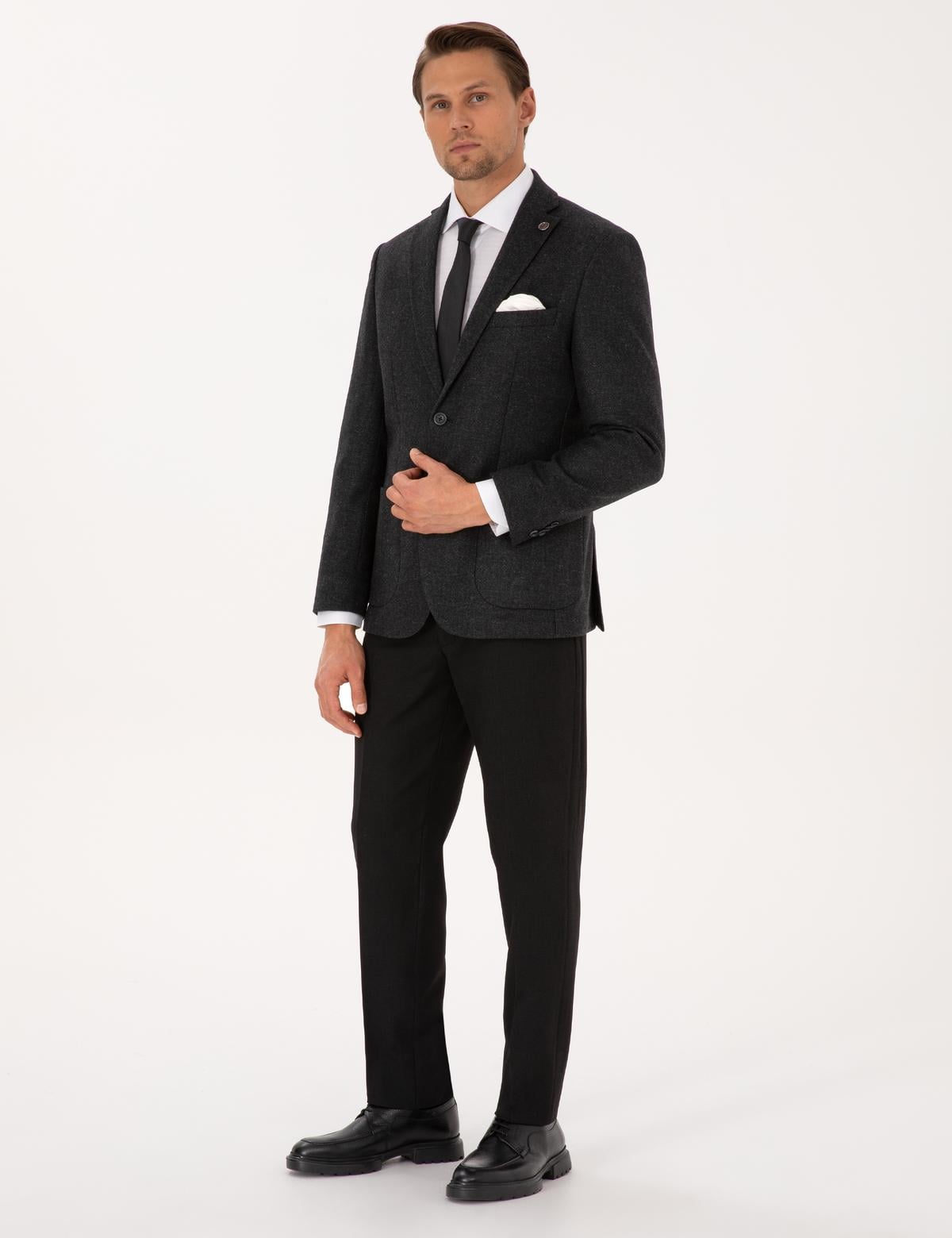 Antrasit Slim Fit Yün Karışımlı Balıksırtı Ceket - 50311215047