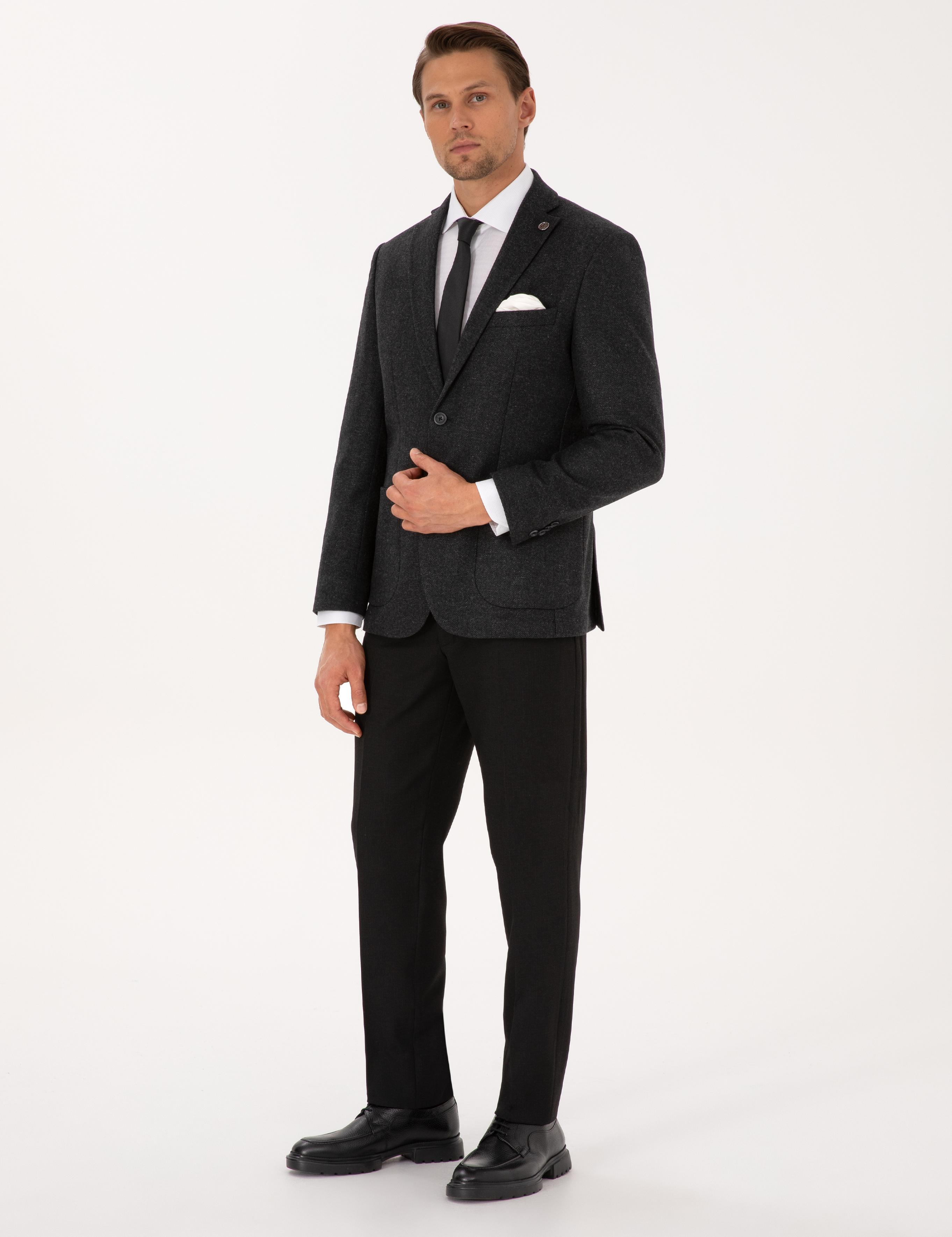 Antrasit Slim Fit Yün Karışımlı Balıksırtı Ceket