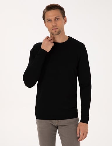 Siyah Slim Fit Bisiklet Yaka Triko Kazak