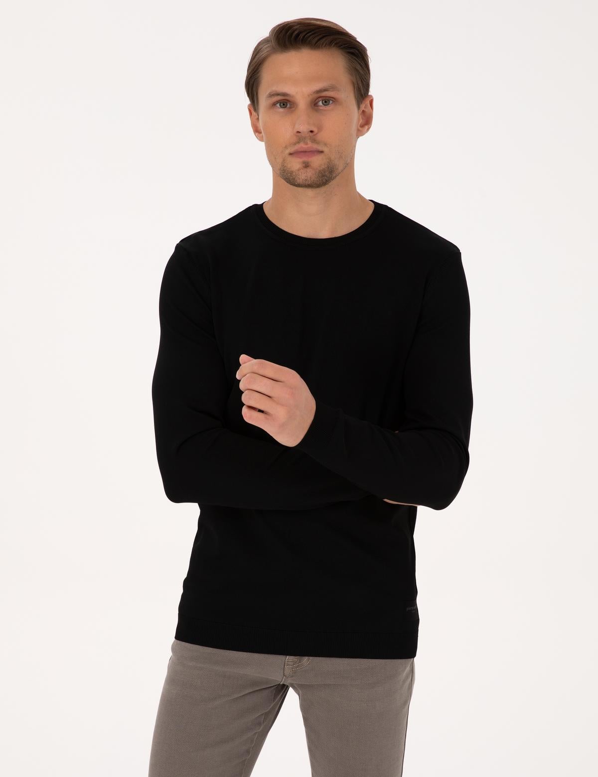 Siyah Slim Fit Bisiklet Yaka Triko Kazak - 50316798021