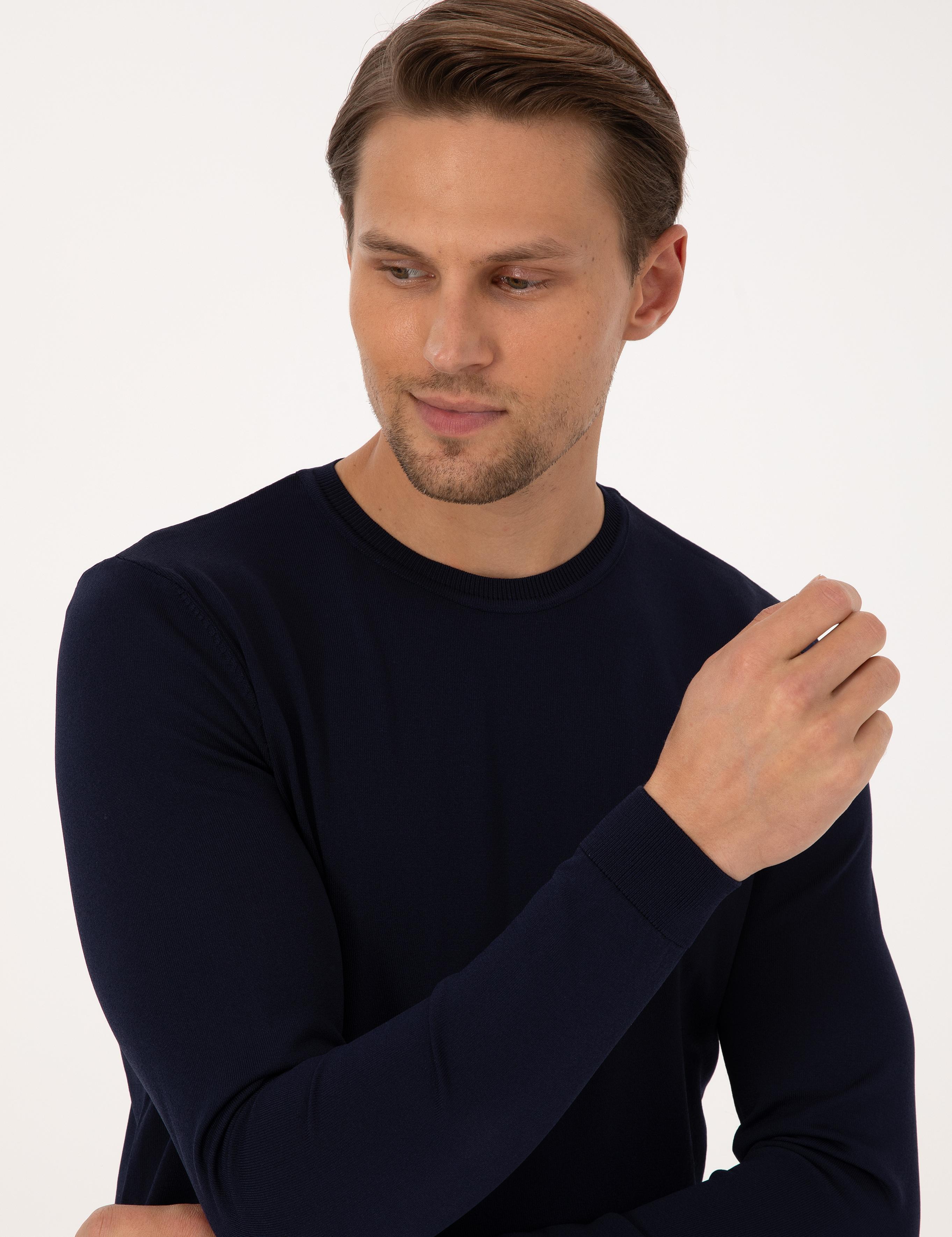 Lacivert Slim Fit Bisiklet Yaka Triko Kazak