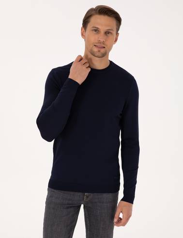 Lacivert Slim Fit Bisiklet Yaka Triko Kazak