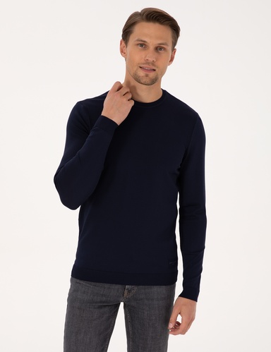 Lacivert Slim Fit Bisiklet Yaka Triko Kazak
