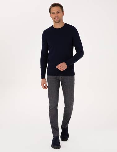 Lacivert Slim Fit Bisiklet Yaka Triko Kazak