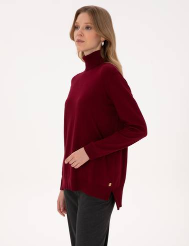 Vişne Comfort Fit Tam Balıkçı Yaka Basic Kazak
