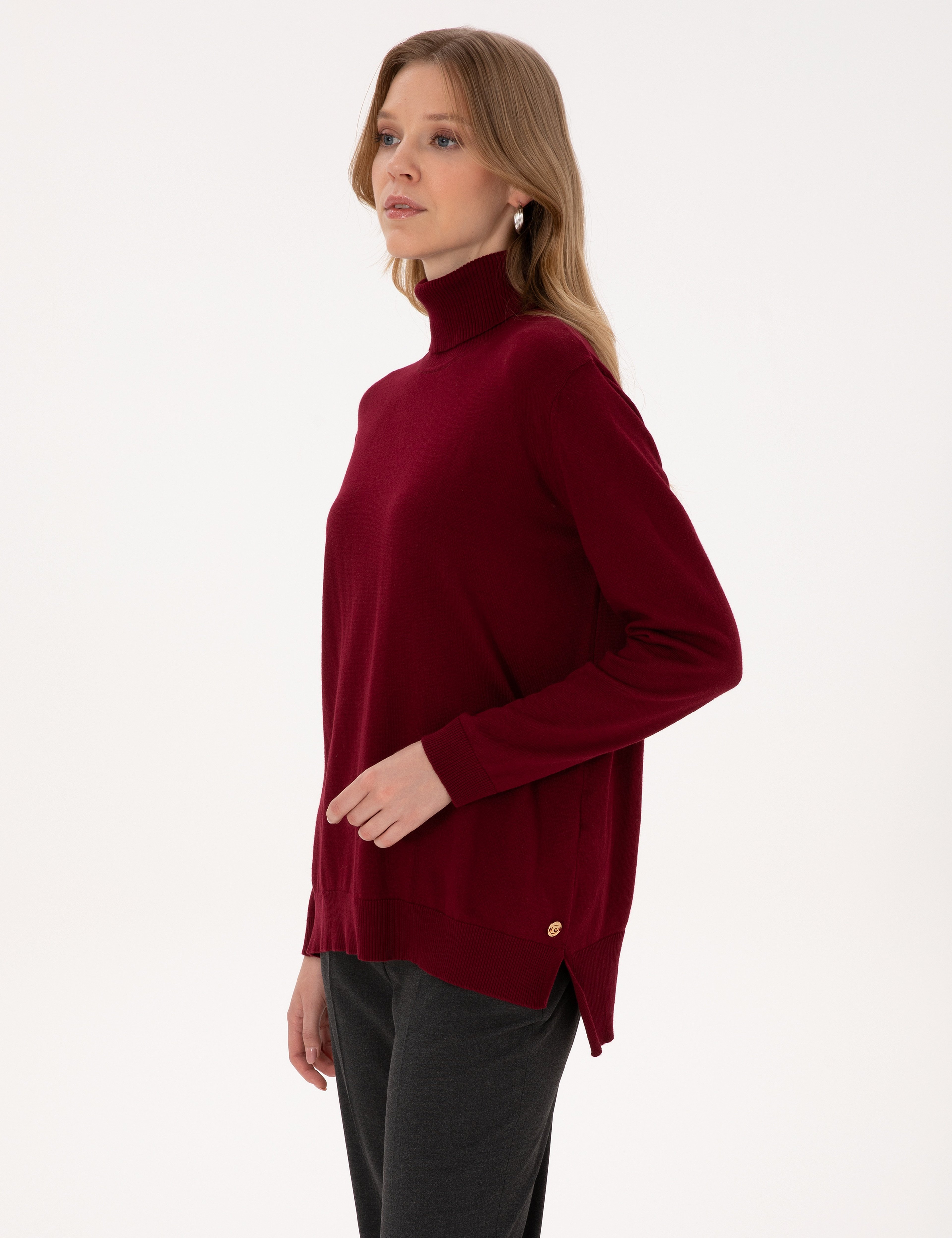 Vişne Comfort Fit Tam Balıkçı Yaka Basic Kazak