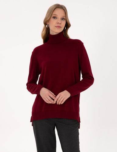 Vişne Comfort Fit Tam Balıkçı Yaka Basic Kazak