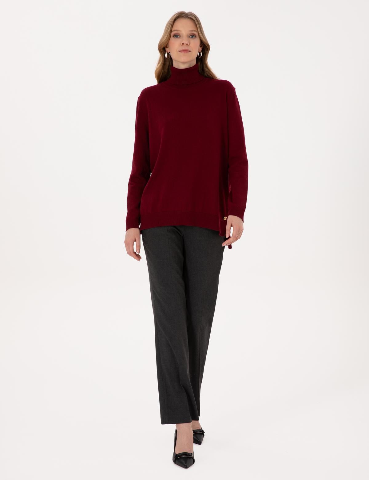 Vişne Comfort Fit Tam Balıkçı Yaka Basic Kazak - 50316385024