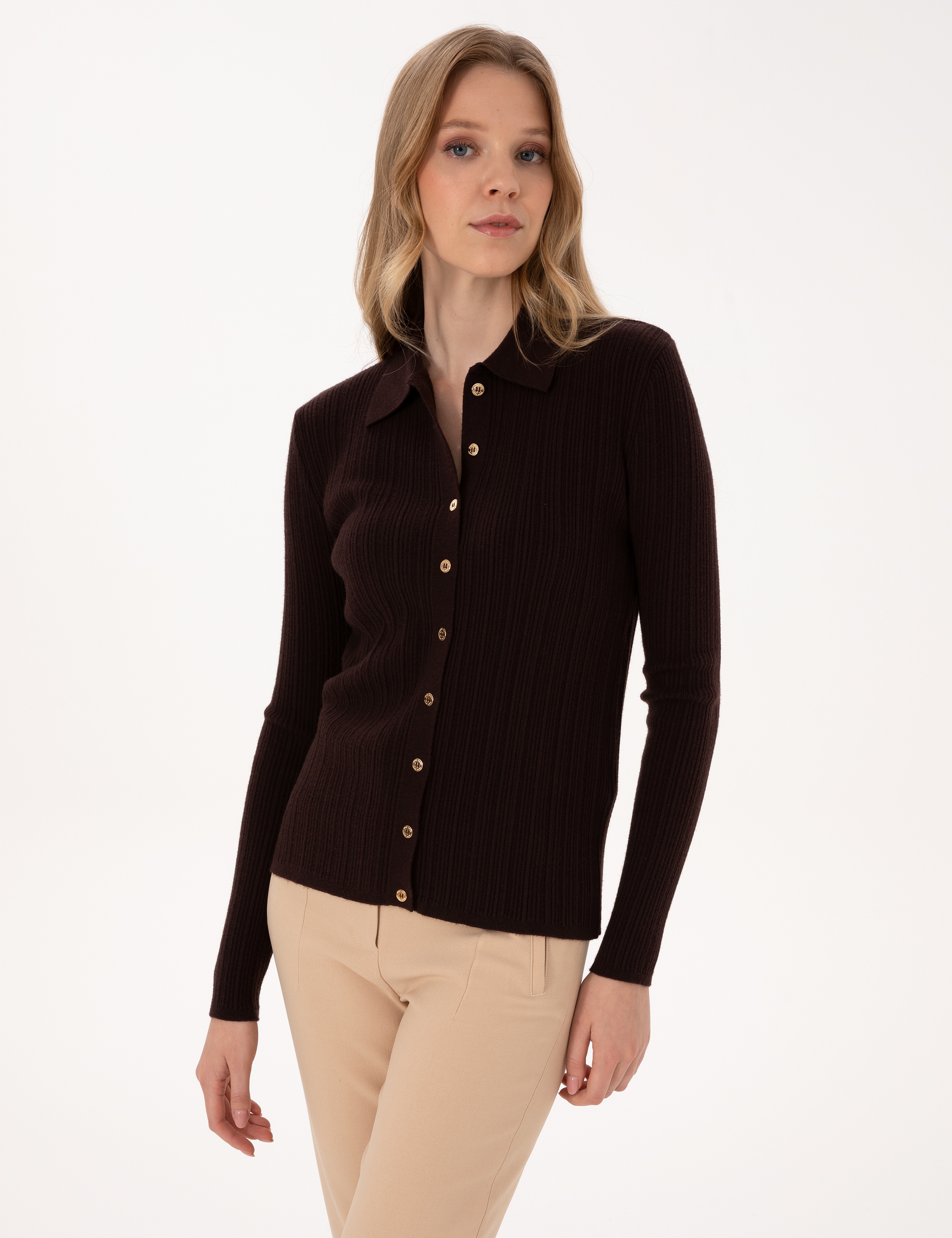Kahverengi Slim Fit Triko Hırka - Image 1