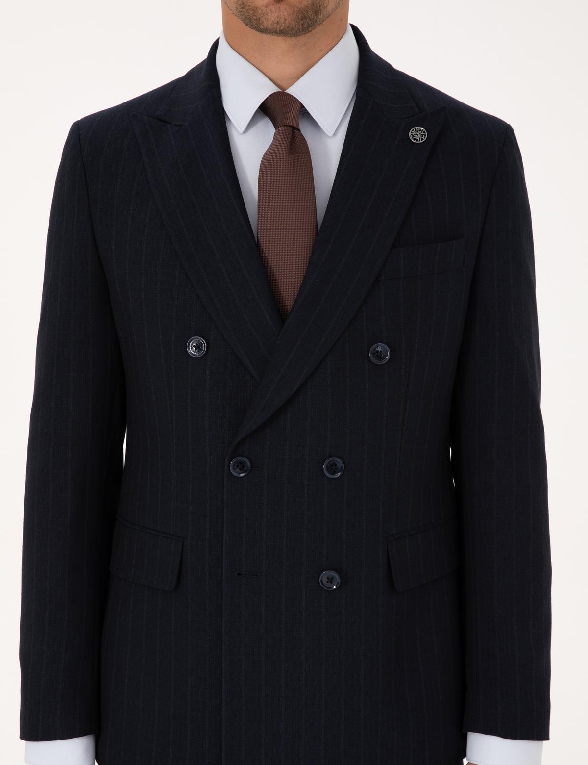 Lacivert Ex. Slim Fit Çizgili Kruvaze Takım Elbise - 50319555011