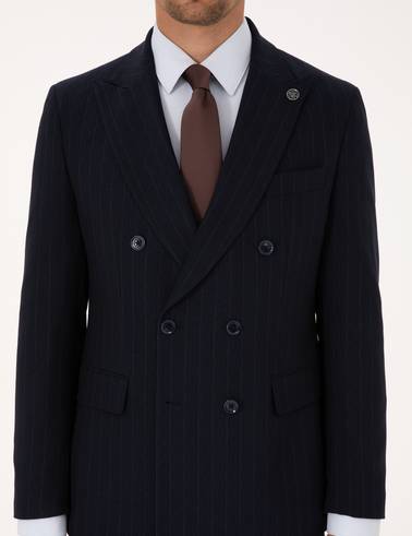 Lacivert Ex. Slim Fit Çizgili Kruvaze Takım Elbise