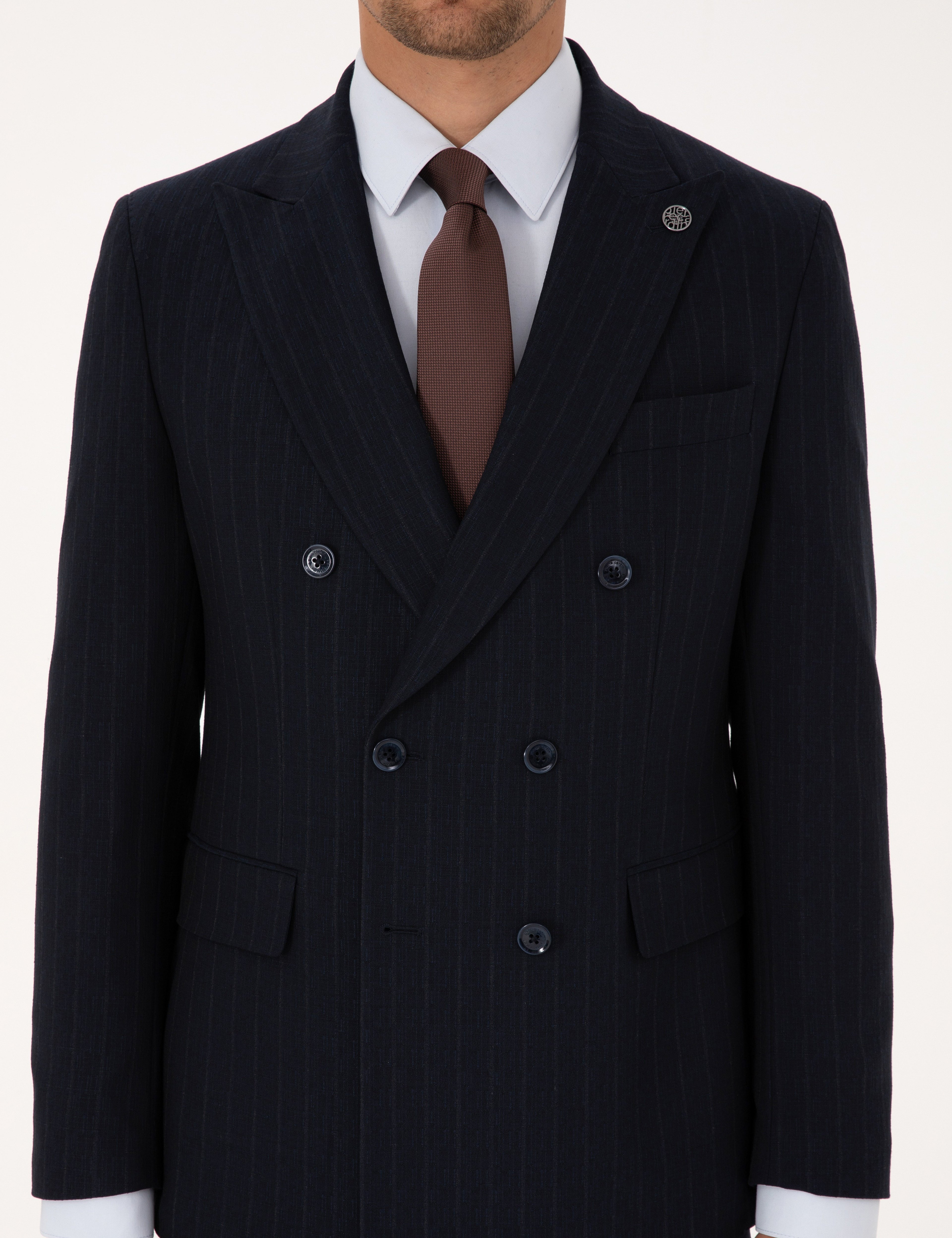 Lacivert Extra Slim Fit Çizgili Kruvaze Takım Elbise