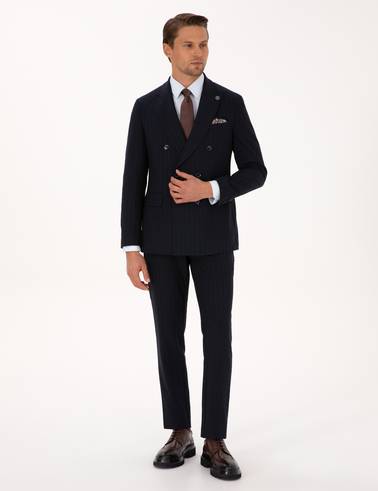 Lacivert Ex. Slim Fit Çizgili Kruvaze Takım Elbise