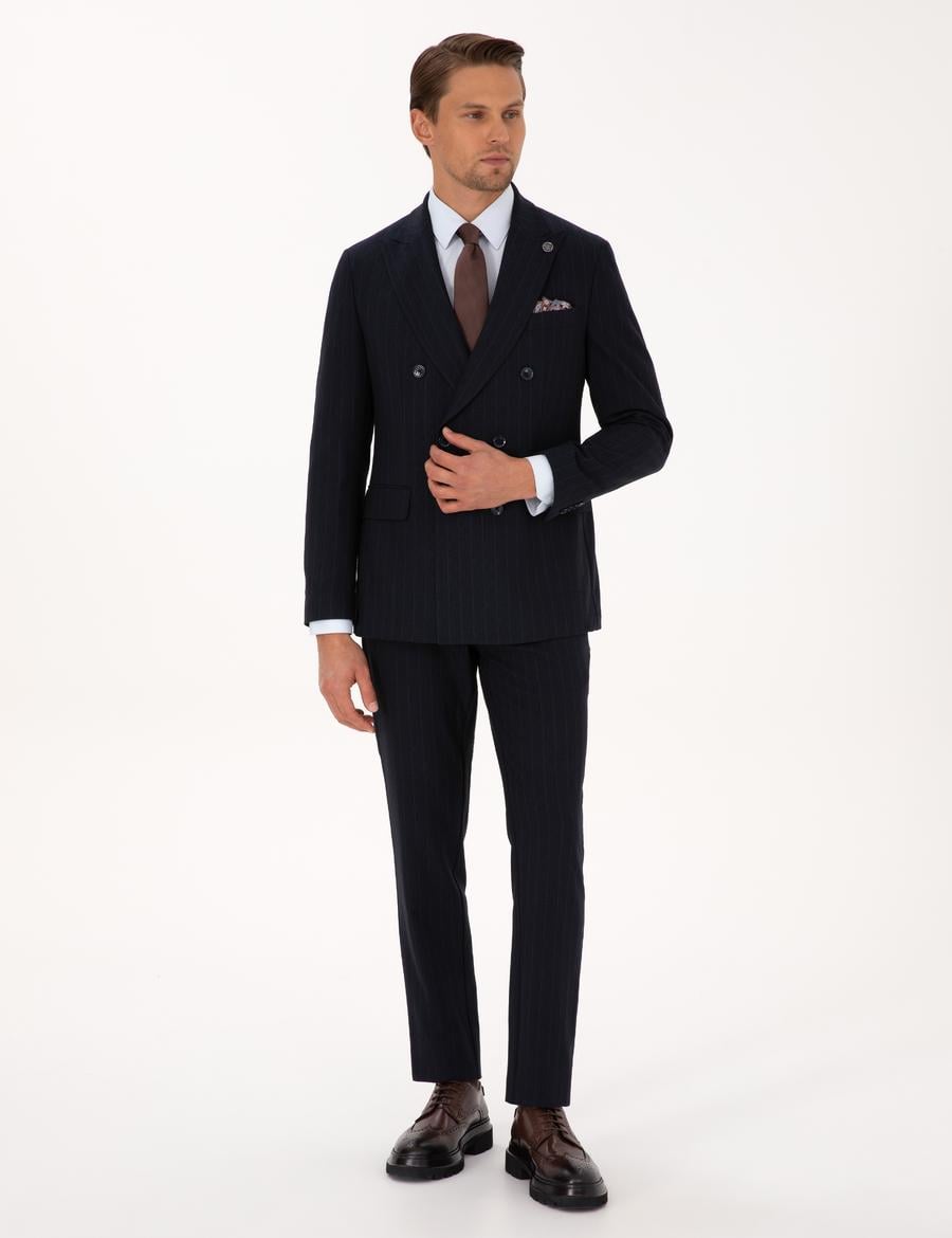 Lacivert Ex. Slim Fit Çizgili Kruvaze Takım Elbise