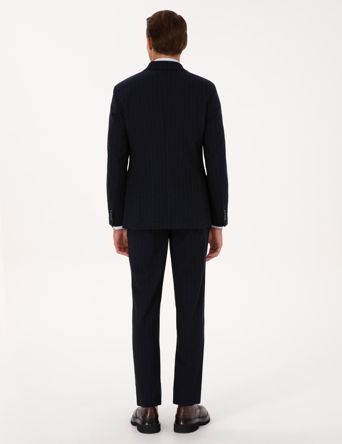 Lacivert Ex. Slim Fit Çizgili Kruvaze Takım Elbise - 50319555011