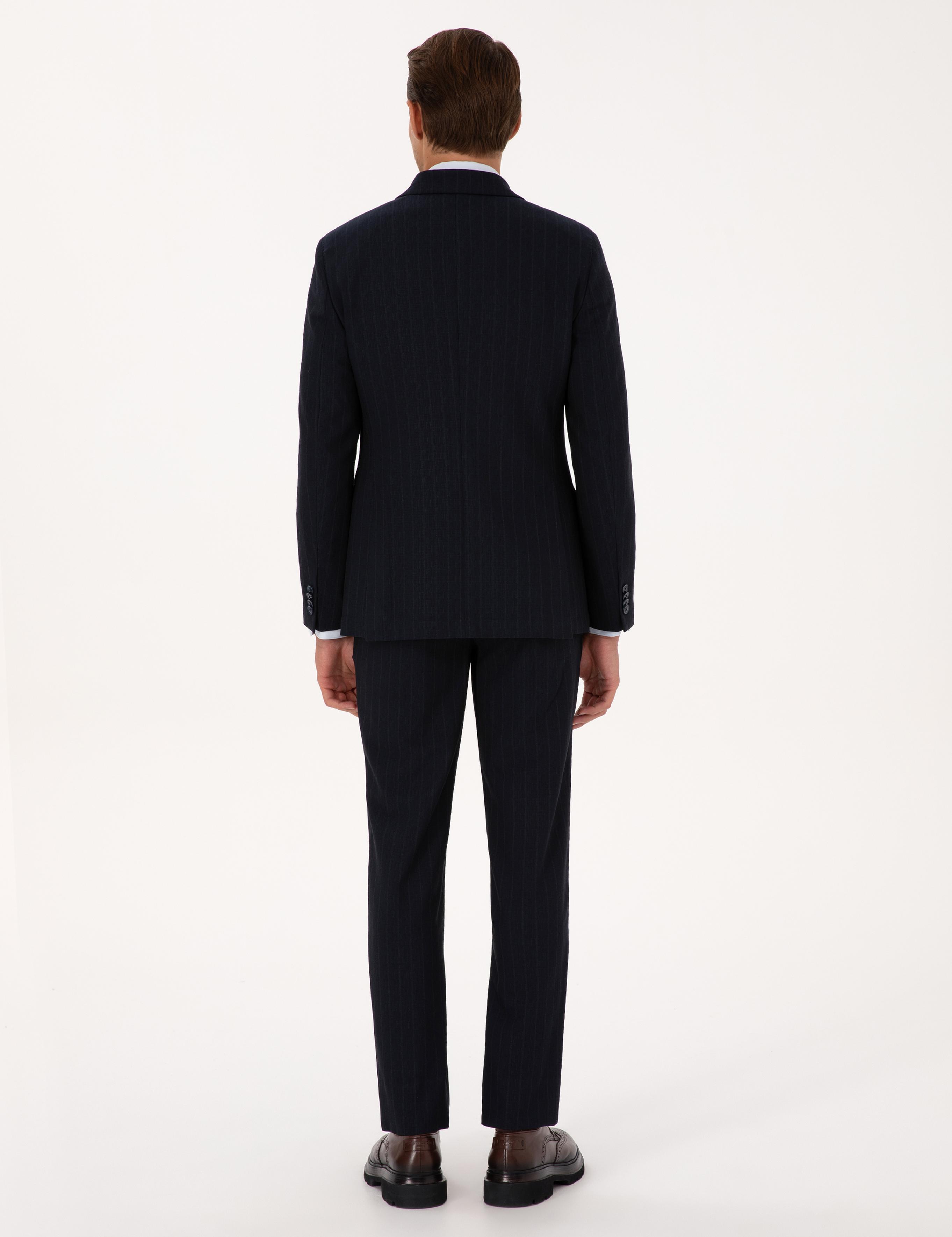 Lacivert Ex. Slim Fit Çizgili Kruvaze Takım Elbise