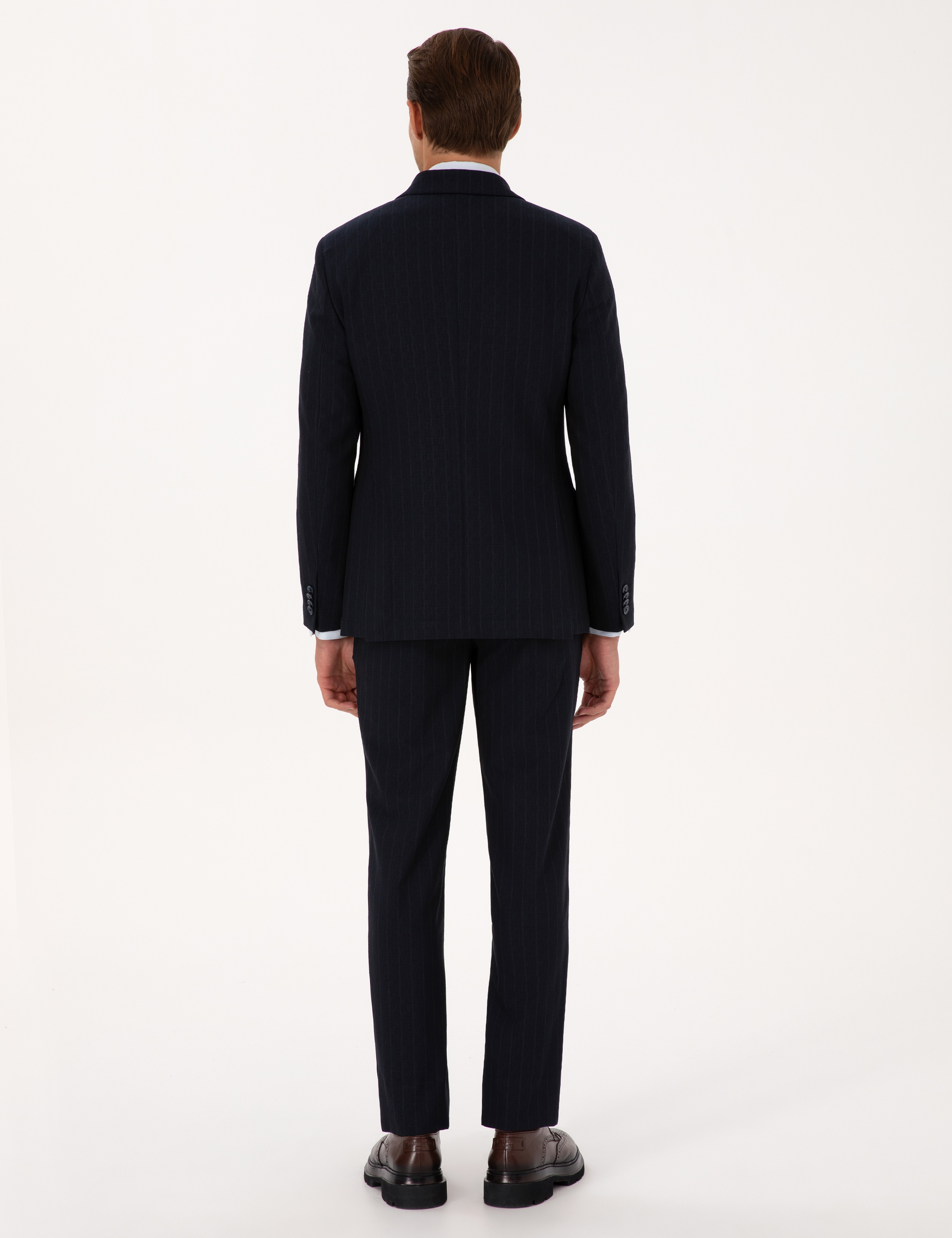 Lacivert Extra Slim Fit Çizgili Kruvaze Takım Elbise - Image 5