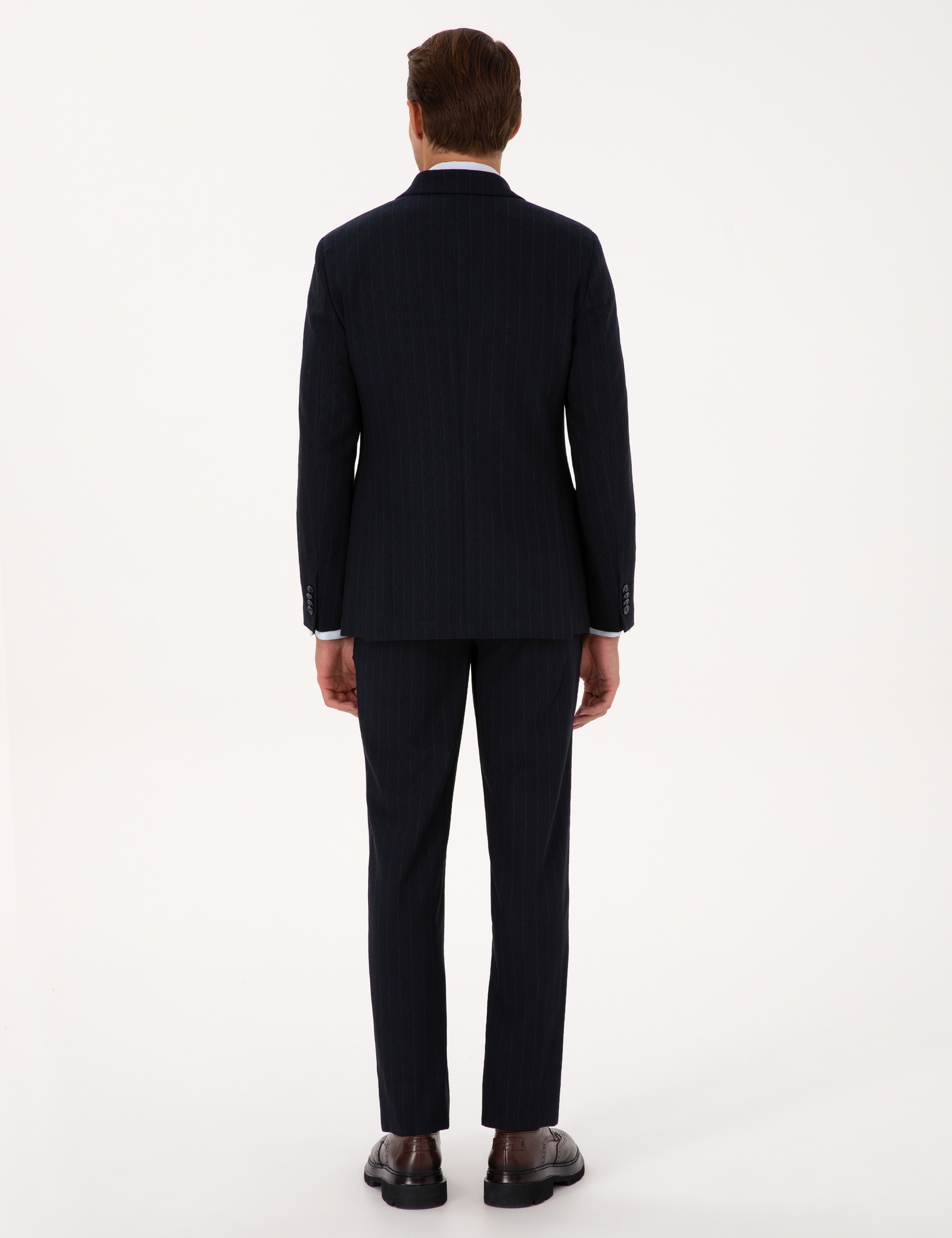 Lacivert Extra Slim Fit Çizgili Kruvaze Takım Elbise