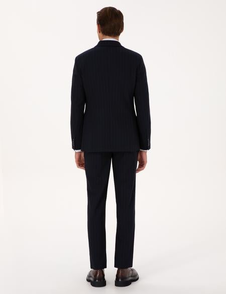 Lacivert Ex. Slim Fit Çizgili Kruvaze Takım Elbise - 50319555011