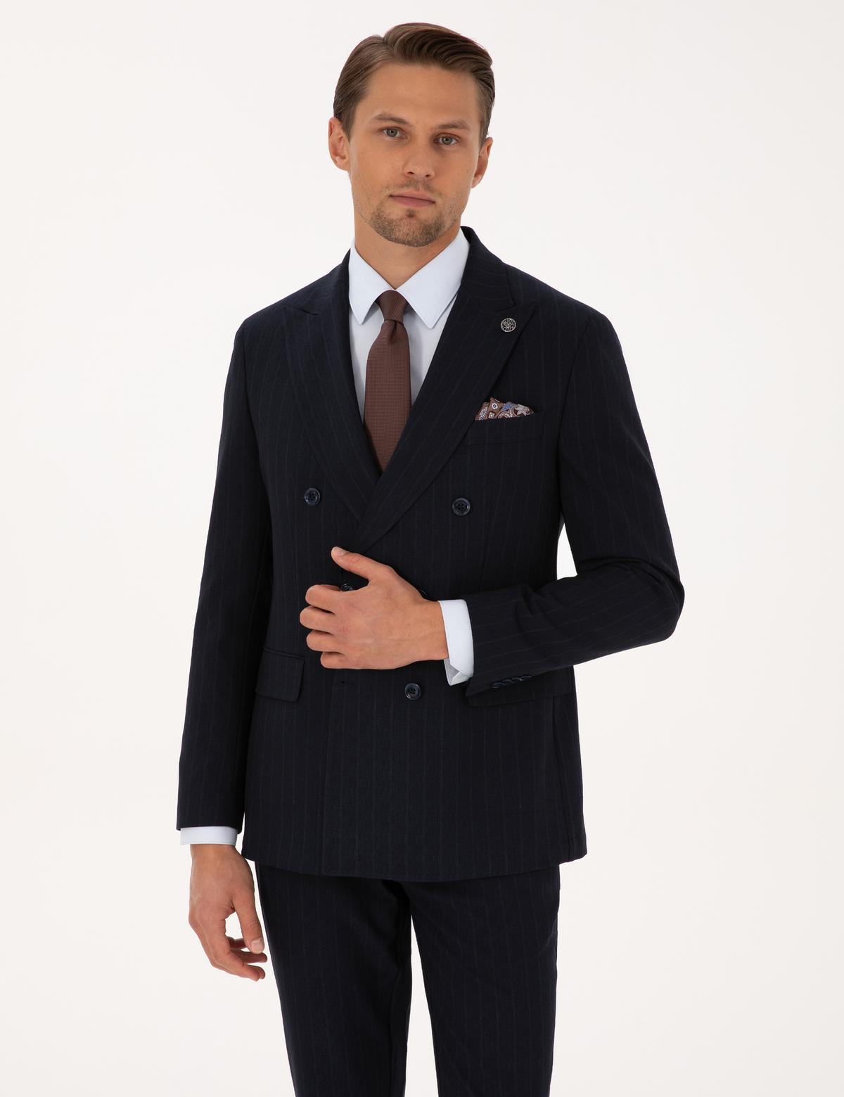 Lacivert Ex. Slim Fit Çizgili Kruvaze Takım Elbise - 50319555011