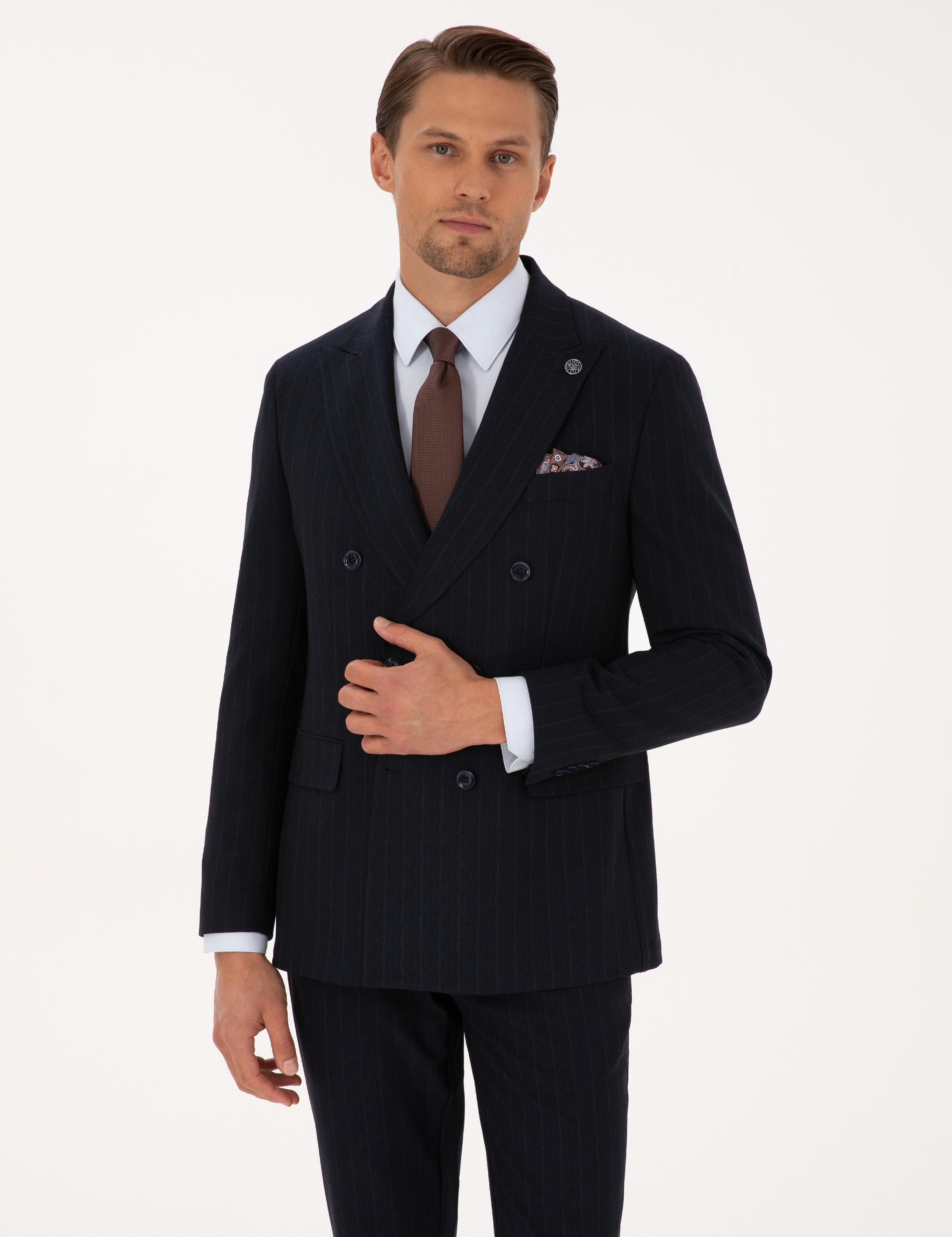 Lacivert Ex. Slim Fit Çizgili Kruvaze Takım Elbise