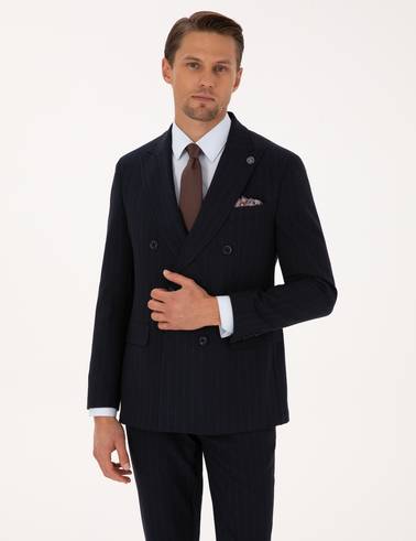 Lacivert Ex. Slim Fit Çizgili Kruvaze Takım Elbise