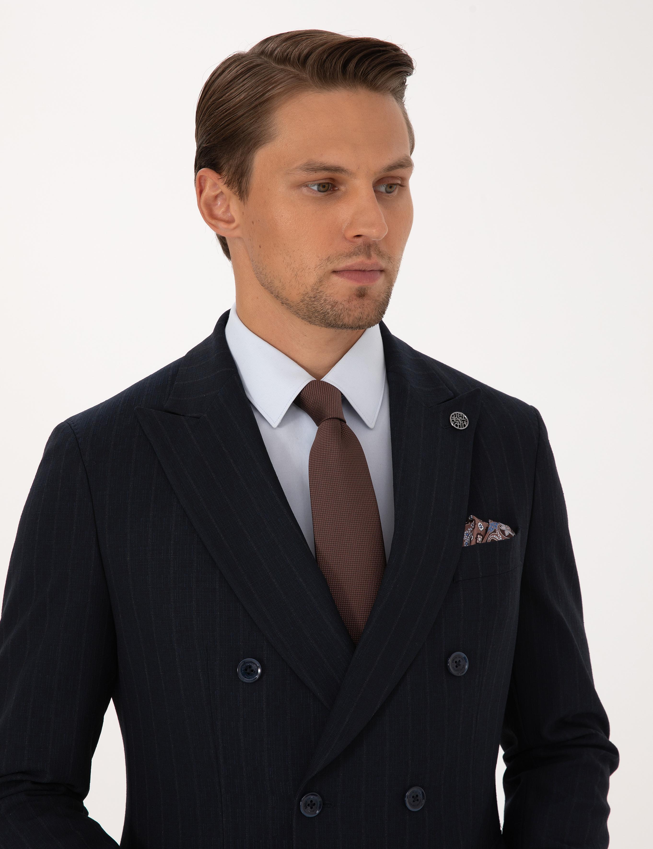 Lacivert Ex. Slim Fit Çizgili Kruvaze Takım Elbise