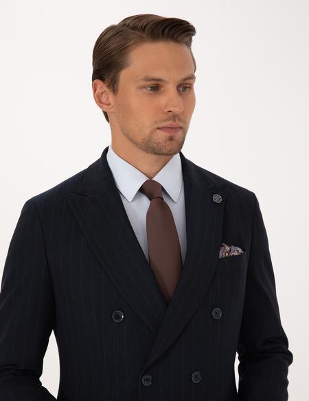 Lacivert Ex. Slim Fit Çizgili Kruvaze Takım Elbise - 50319555011