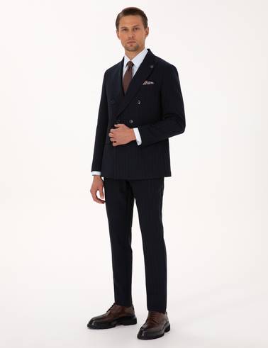 Lacivert Ex. Slim Fit Çizgili Kruvaze Takım Elbise