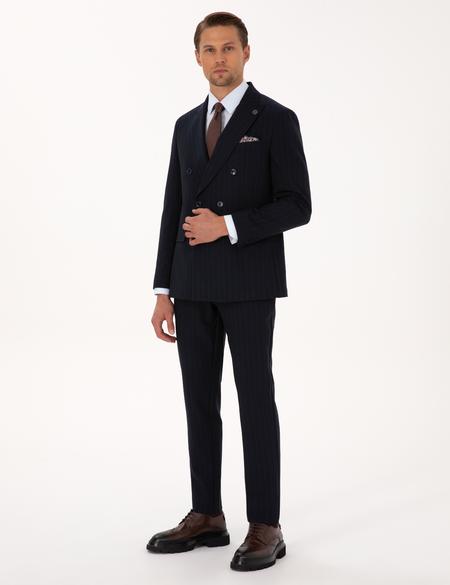 Lacivert Ex. Slim Fit Çizgili Kruvaze Takım Elbise - 50319555011