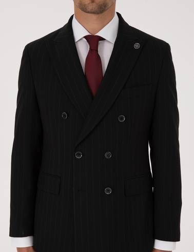 Siyah Ex. Slim Fit Çizgili Kruvaze Takım Elbise