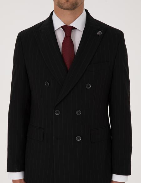 Siyah Ex. Slim Fit Çizgili Kruvaze Takım Elbise - 50319555047