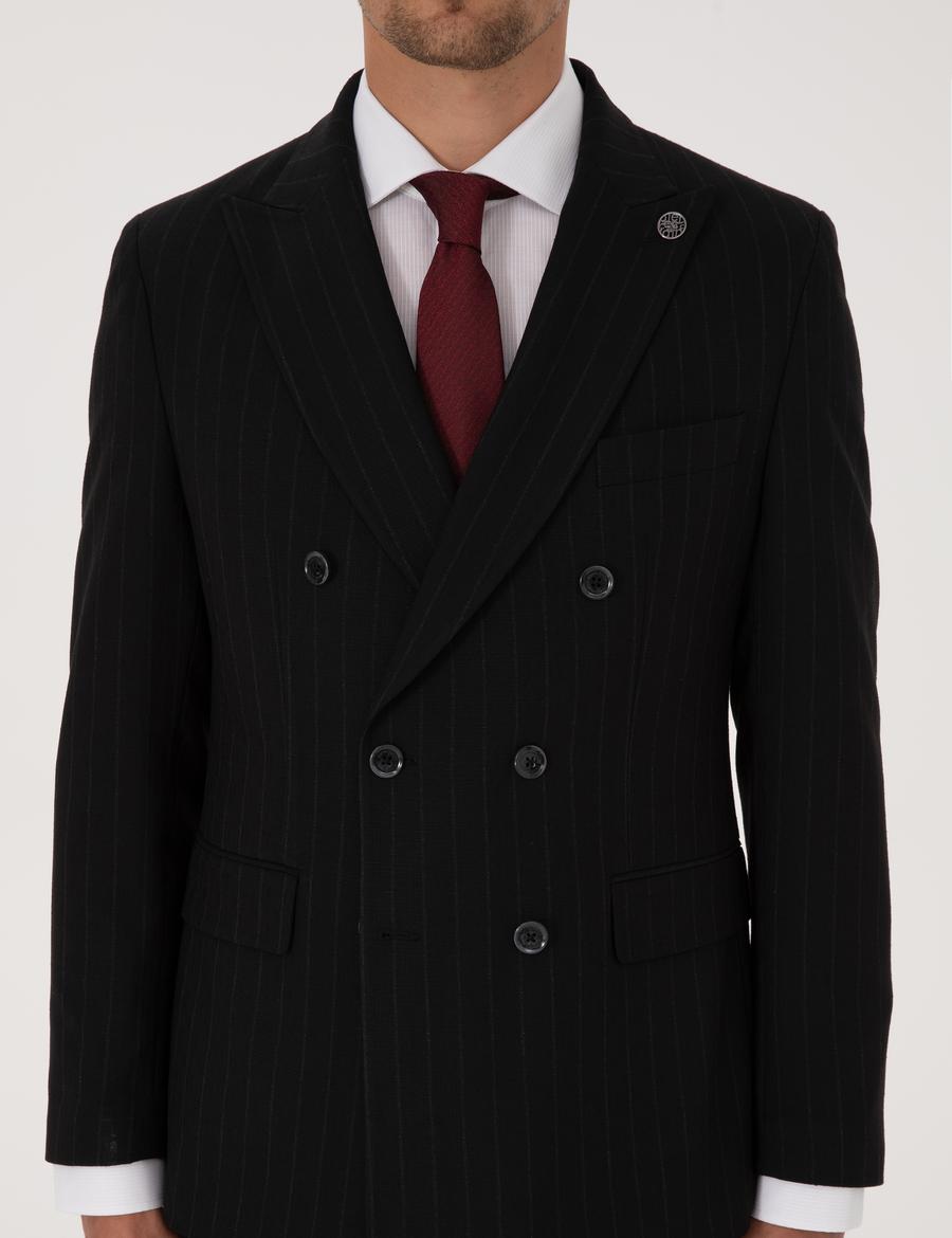 Siyah Ex. Slim Fit Çizgili Kruvaze Takım Elbise