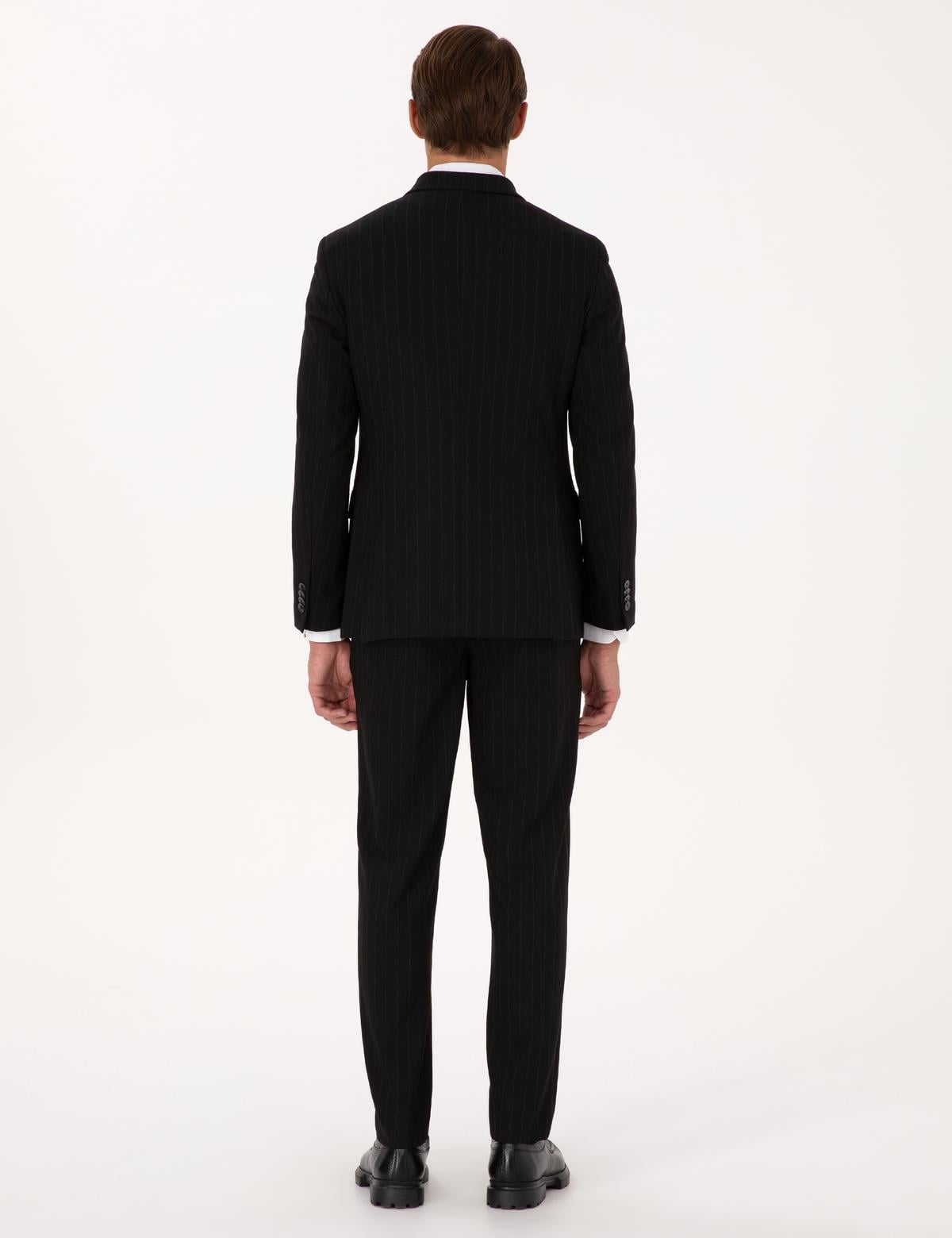 Siyah Ex. Slim Fit Çizgili Kruvaze Takım Elbise - 50319555047