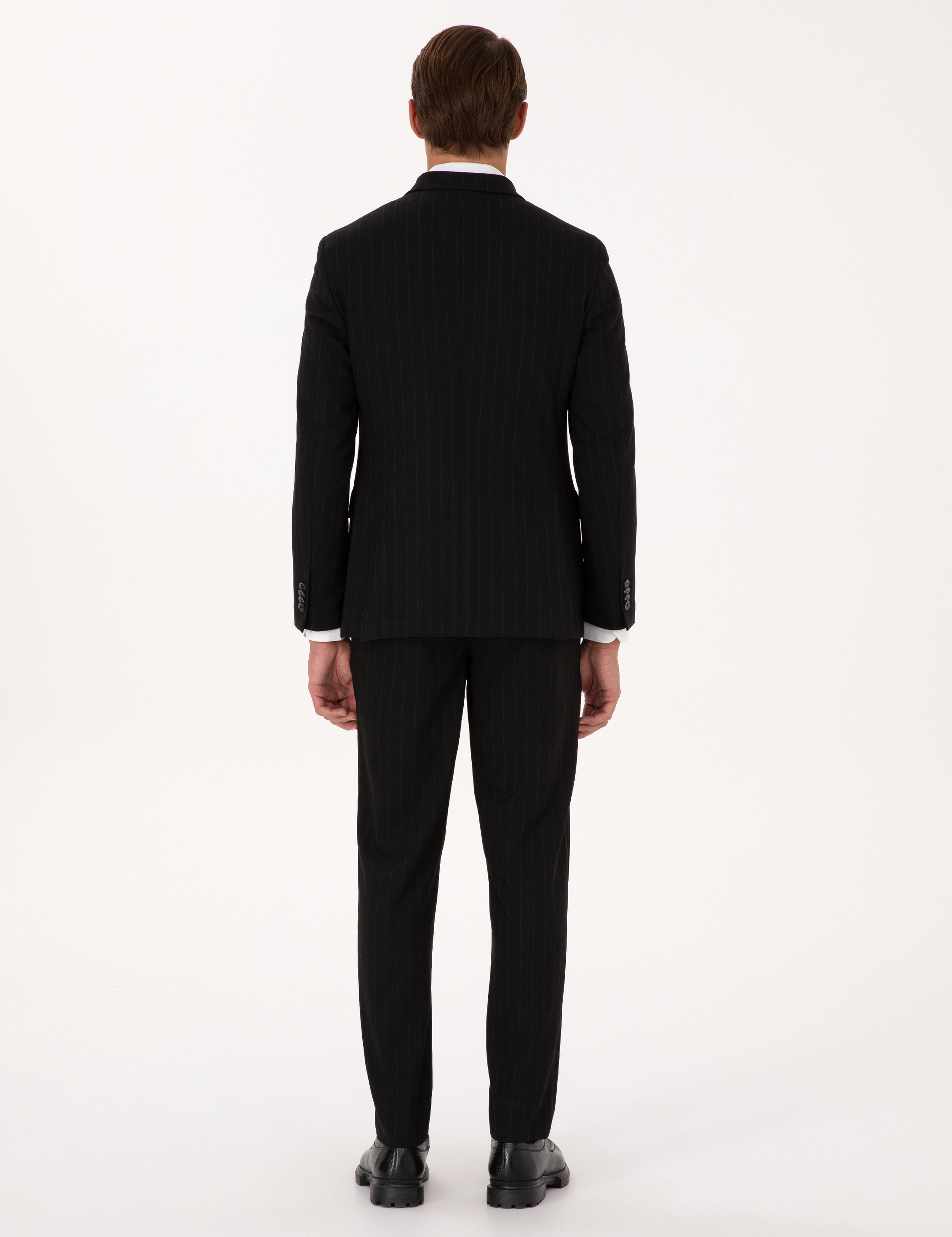 Siyah Extra Slim Fit Çizgili Kruvaze Takım Elbise - Image 5