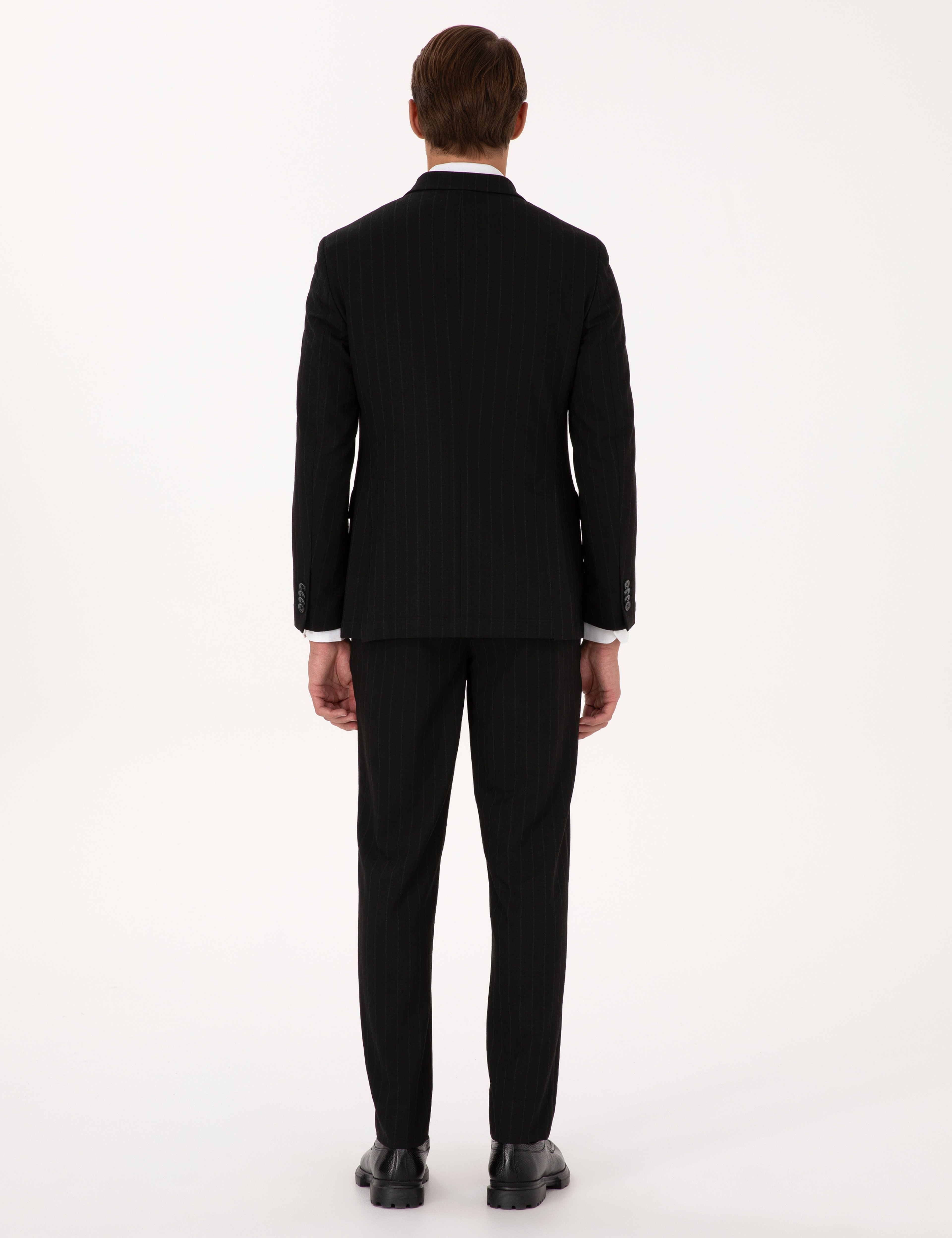 Siyah Extra Slim Fit Çizgili Kruvaze Takım Elbise