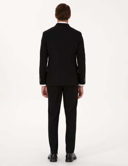 Siyah Ex. Slim Fit Çizgili Kruvaze Takım Elbise - 50319555047