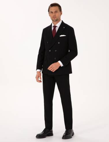 Siyah Ex. Slim Fit Çizgili Kruvaze Takım Elbise