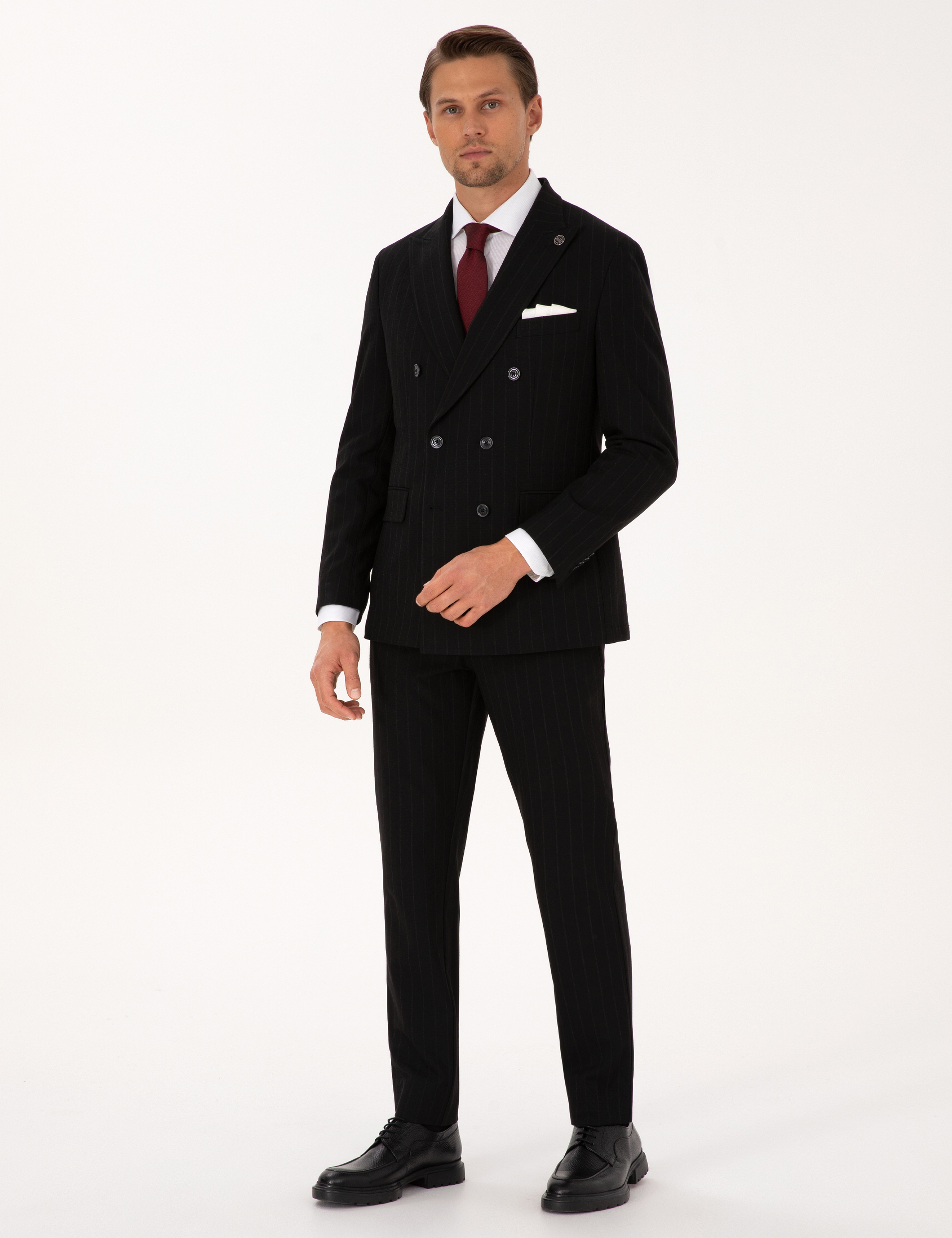 Siyah Extra Slim Fit Çizgili Kruvaze Takım Elbise - Image 4