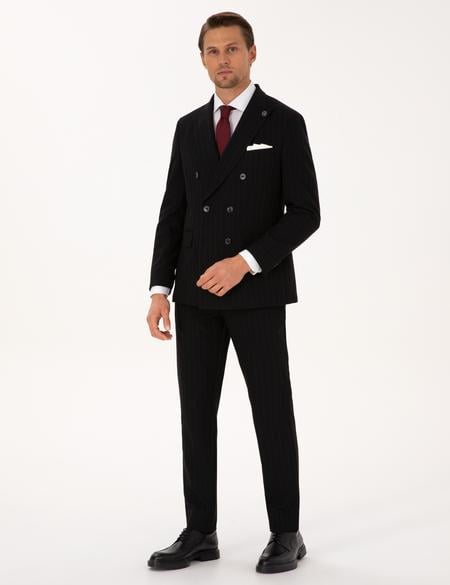 Siyah Ex. Slim Fit Çizgili Kruvaze Takım Elbise - 50319555047
